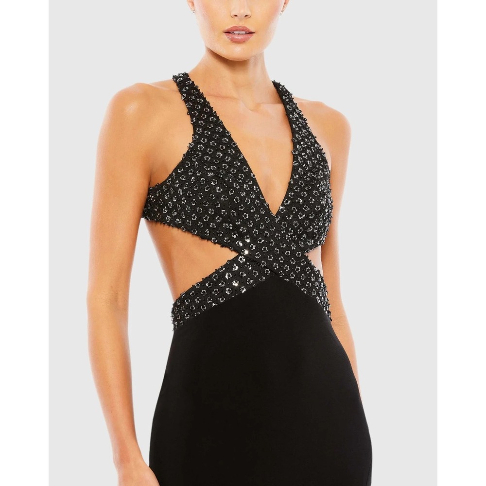 Mac Duggal NEW Floral Sequined Criss Cross Cutout Bodice Gown Black 68166 Size 6